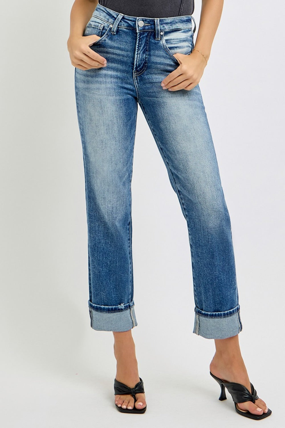 Koisoon Full Size High Rise Crop Straight Roll Up Jeans