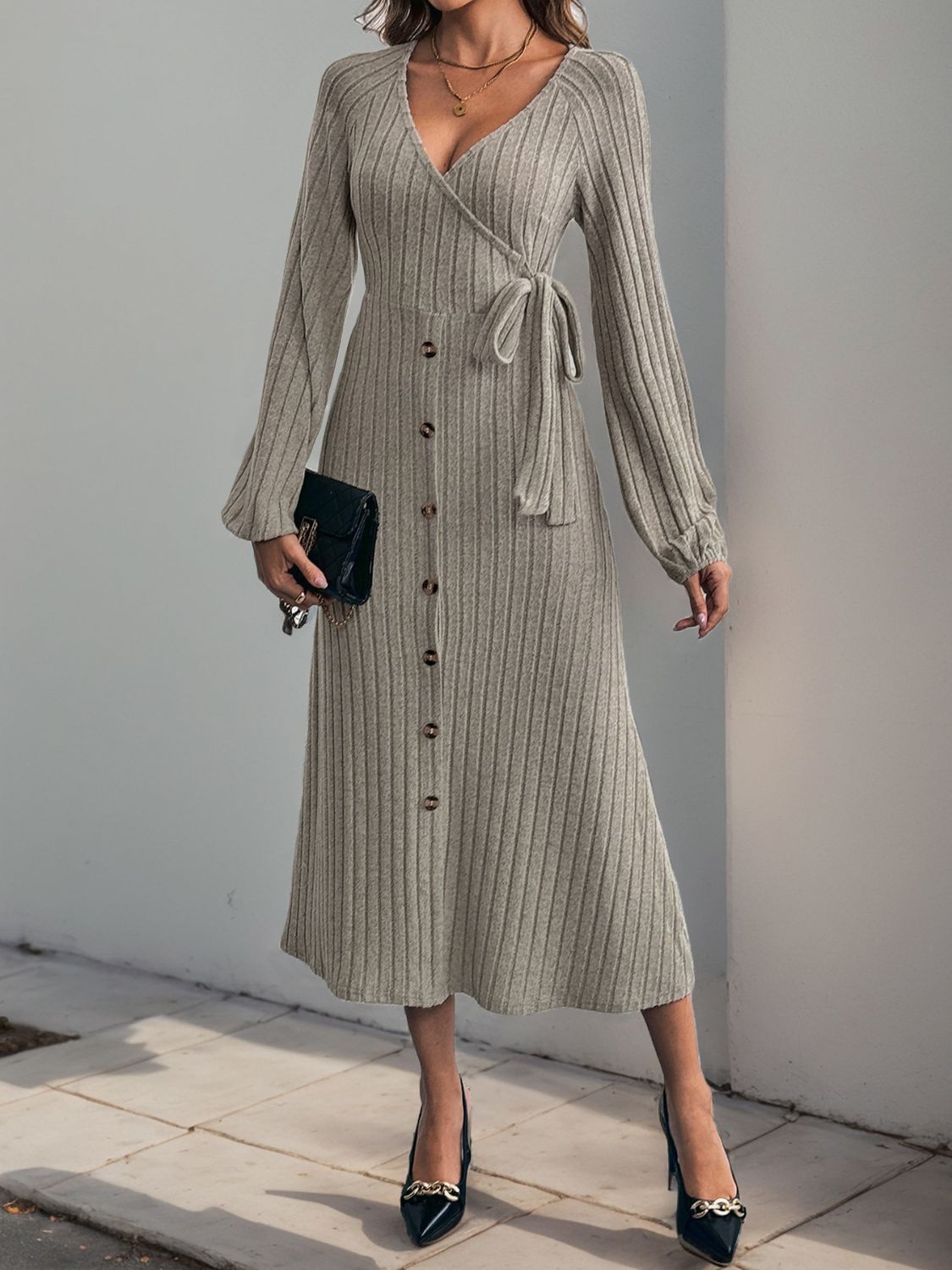 Koisoon Ribbed Tied Surplice Long Sleeve Dress