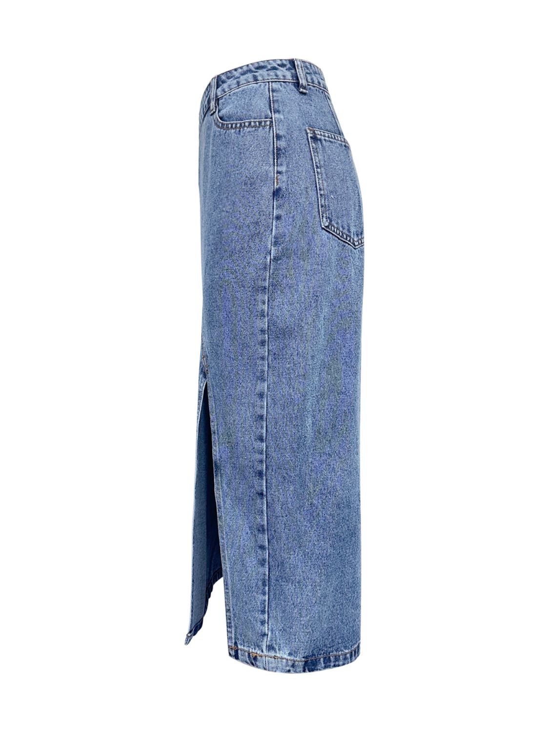 Koisoon Slit Asymmetrical Waistband Midi Denim Skirt