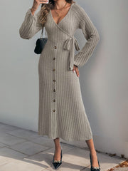 Koisoon Ribbed Tied Surplice Long Sleeve Dress