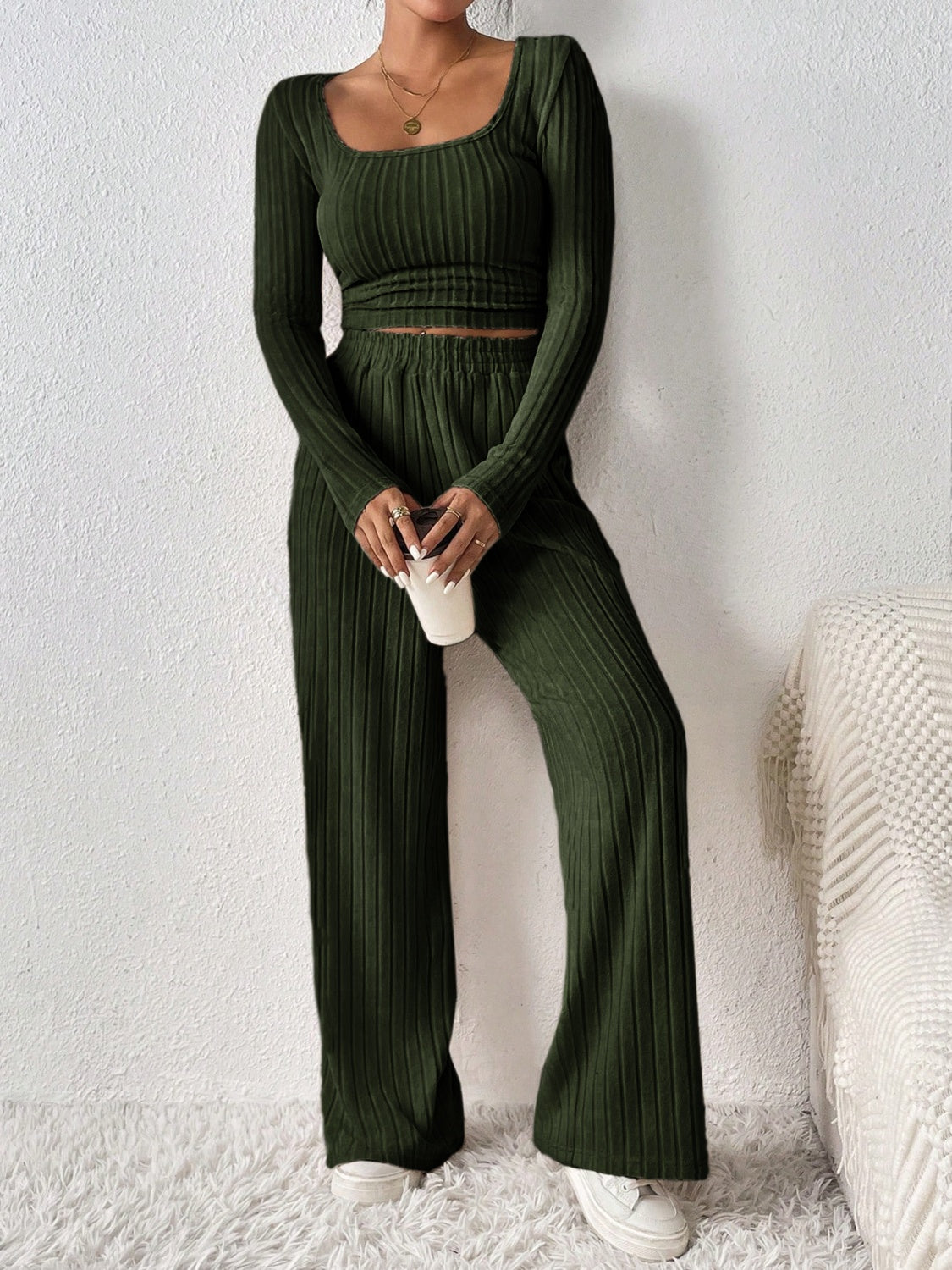 Koisoon Scoop Neck Long Sleeve Top and Pants Set