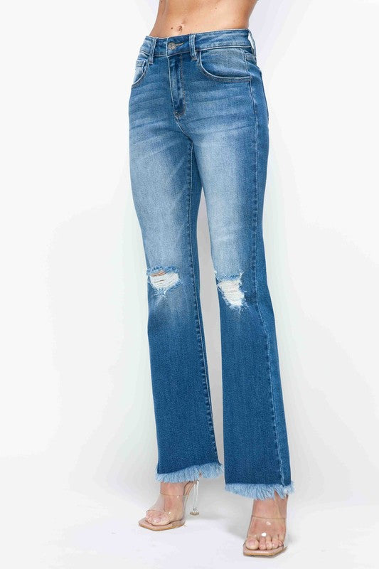 Koisoon Full Size Raw Hem Distressed High Rise Bootcut Jeans