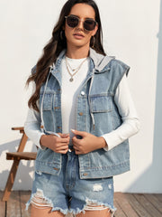 Koisoon Drawstring Button Up Sleeveless Denim Jacket