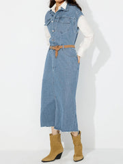 Koisoon Slit Half Button Collared Neck Cap Sleeve Denim Dress