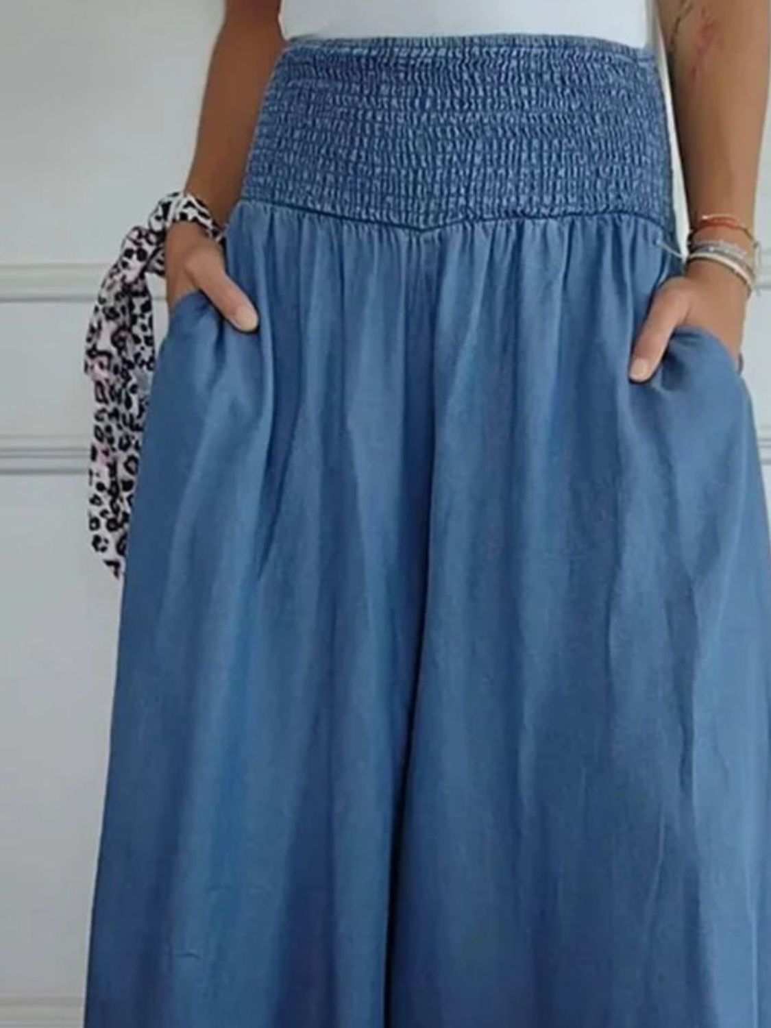 Koisoon Full Size Smocked Wide Leg Pants with Pockets