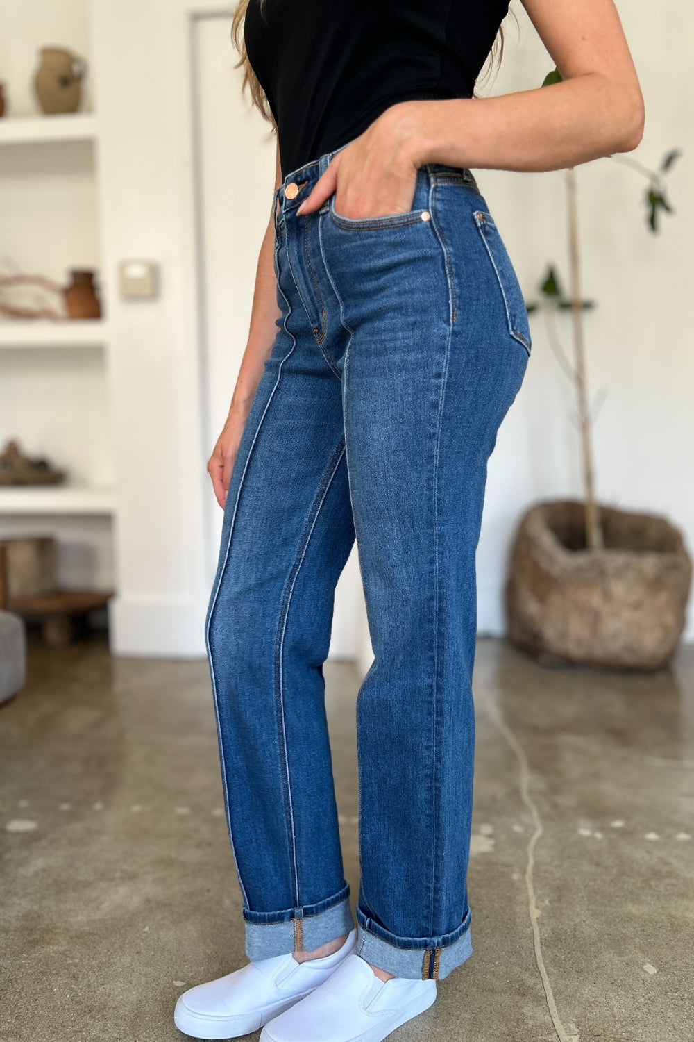 Koisoon Blue Full Size High Waist Front Seam Detail Straight Jeans