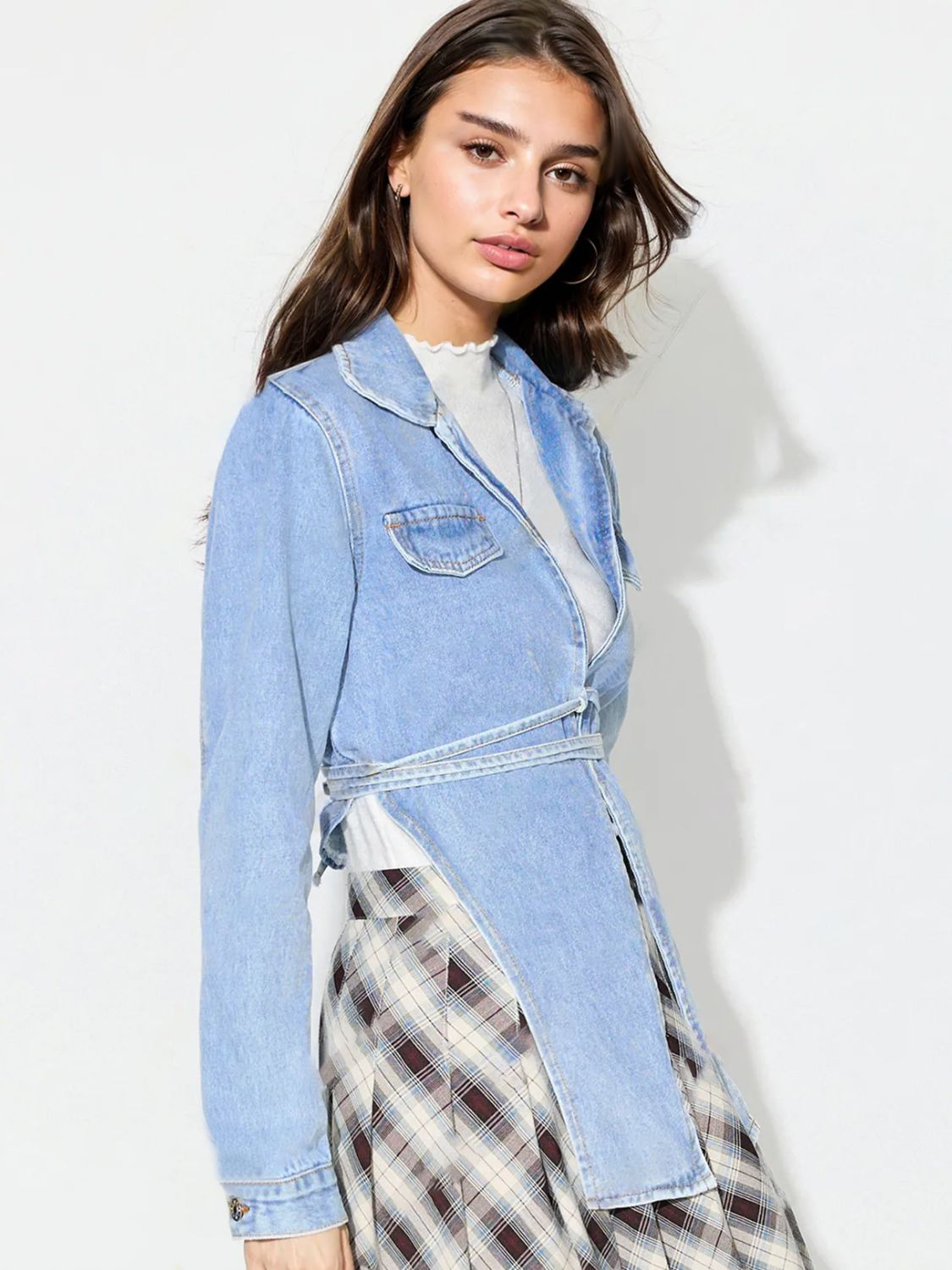 Koisoon Asymmetric Slit Collared Neck Long Denim Top