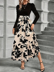 Koisoon Tied Printed Round Neck Long Sleeve Midi Dress