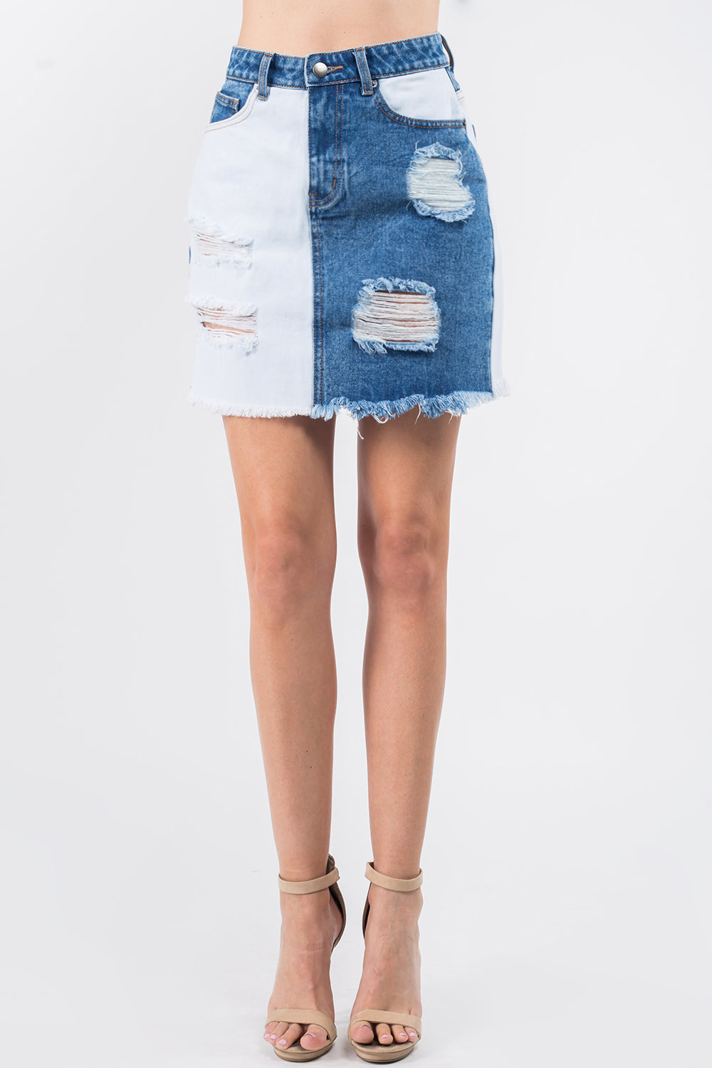 Koisoon American Bazi Contrast Patched Frayed Denim Distressed Skirts