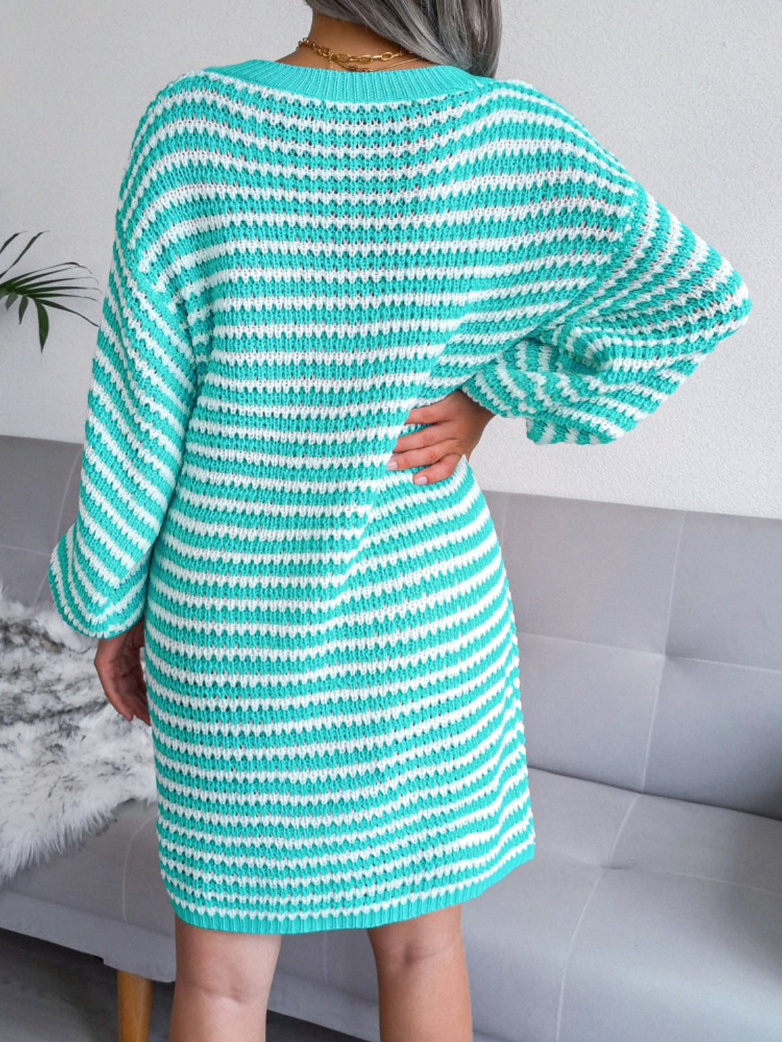 Koisoon Striped V-Neck Long Sleeve Mini Sweater Dress