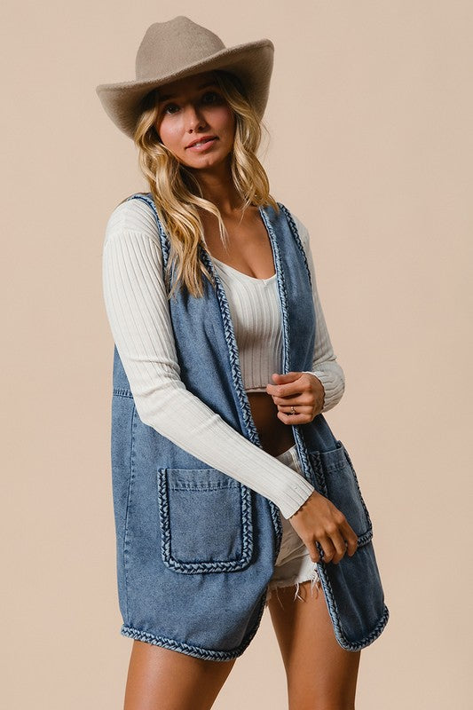 Koisoon Braided Trim Open Front Denim Vest with Pockets