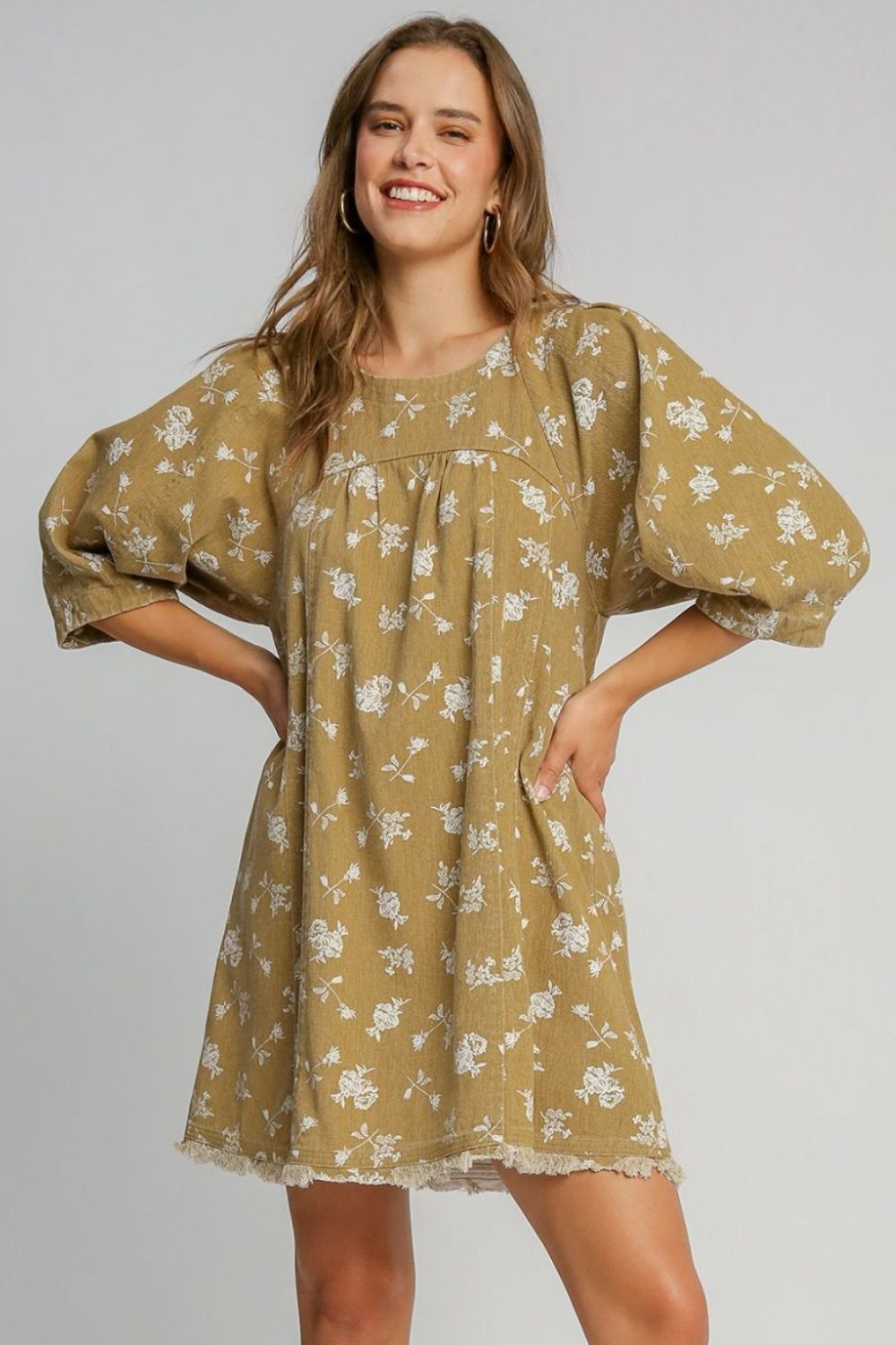 Koisoon Raw Hem Floral Print Round Neck Denim Dress