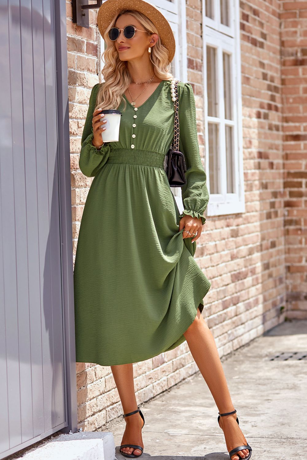 Koisoon V-Neck Flounce Sleeve Midi Dress