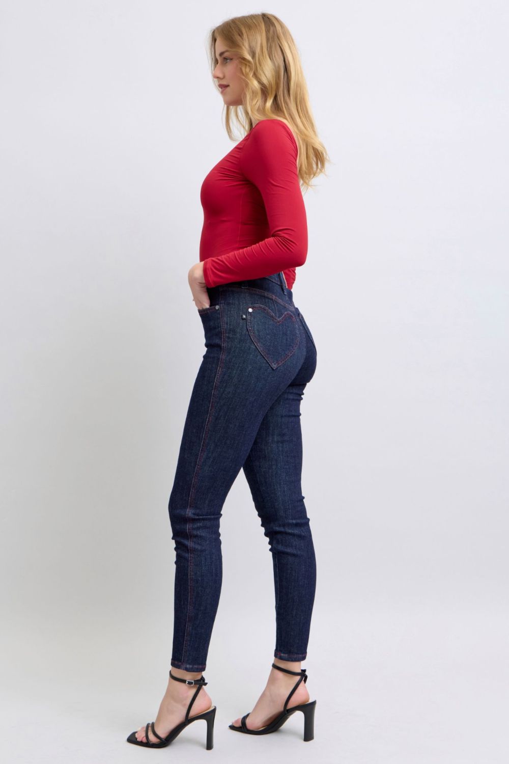 Koisoon Blue Full Size Heart Shaped Back Pockets Skinny Jeans