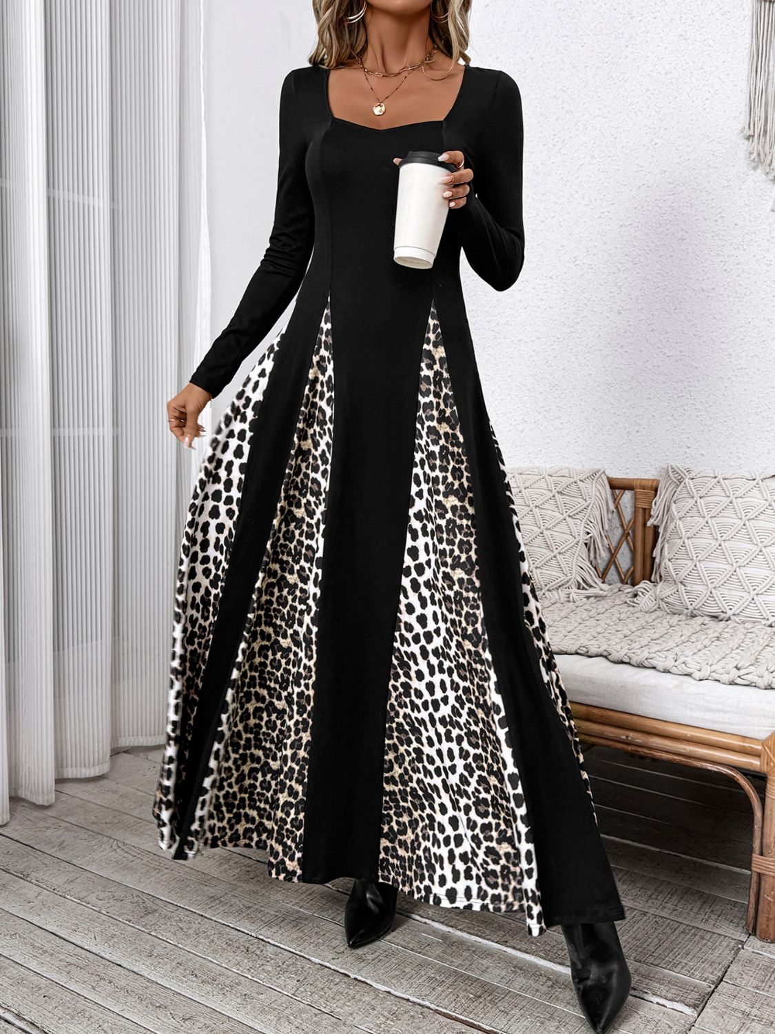 Koisoon Leopard Square Neck Long Sleeve Maxi Dress