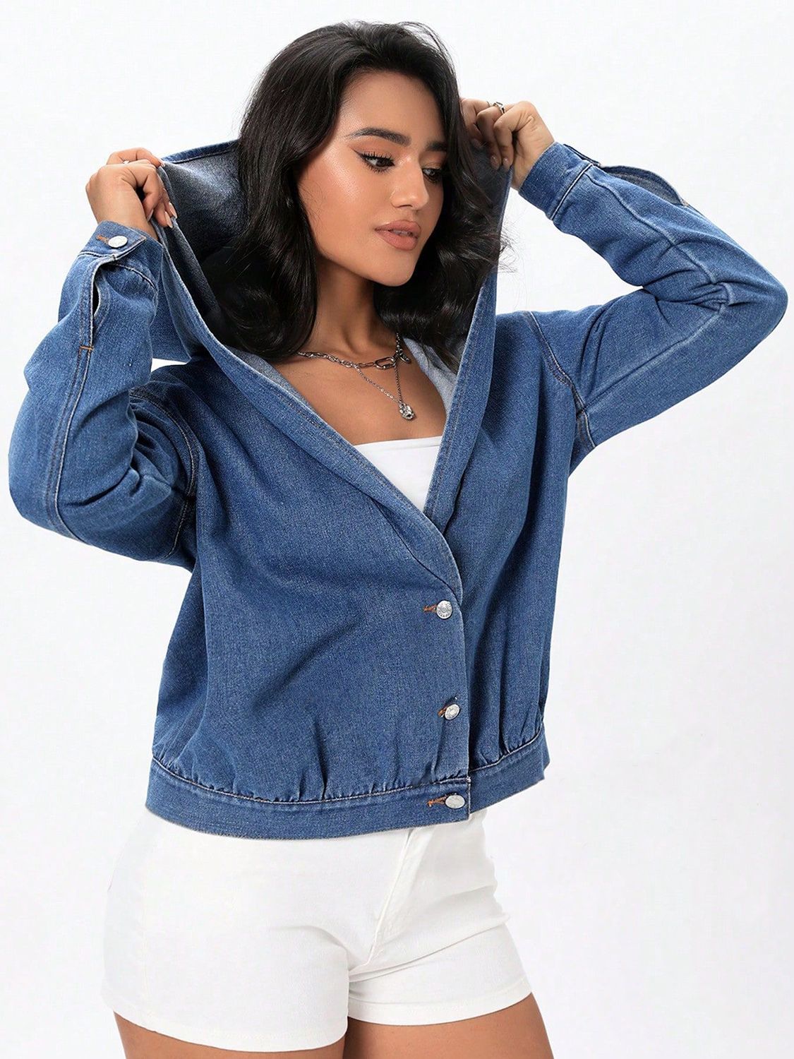 Koisoon Button Up Hooded Denim Top