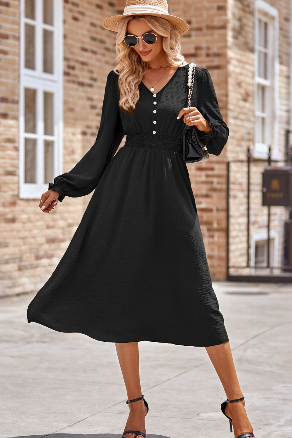 Koisoon V-Neck Flounce Sleeve Midi Dress