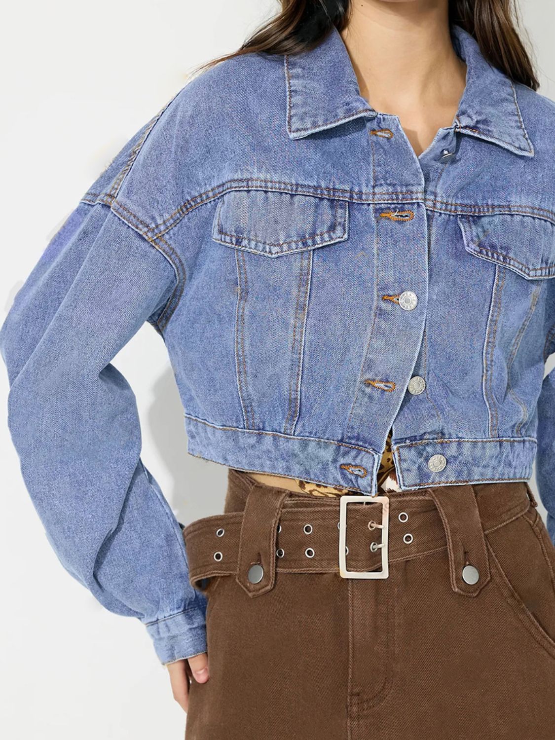 Koisoon Collared Neck Dropped Shoulder Cropped Denim Top