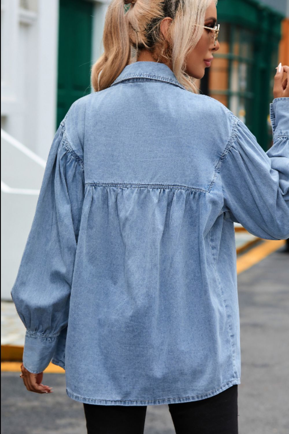 Koisoon Collared Neck Lantern Sleeve Denim Top