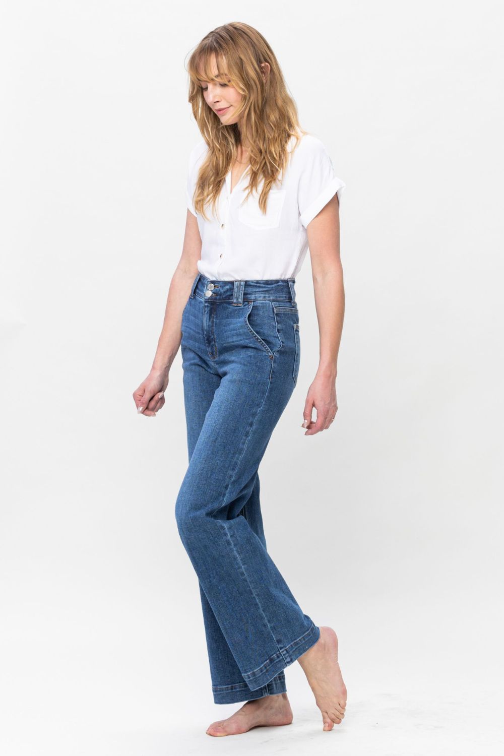 Koisoon Blue Full Size Double Button Wide Leg Jeans