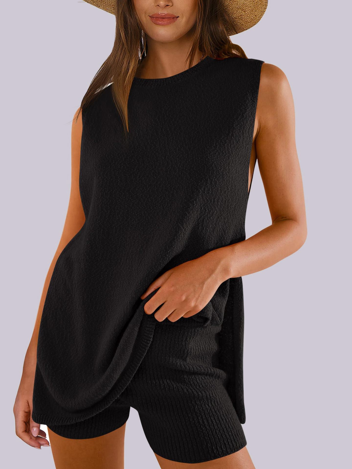 Koisoon Side Slit Round Neck Tank and Shorts Sweater Set