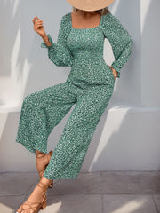 Koisoon Smocked Printed Long Sleeve Wide Leg Jumpsuit