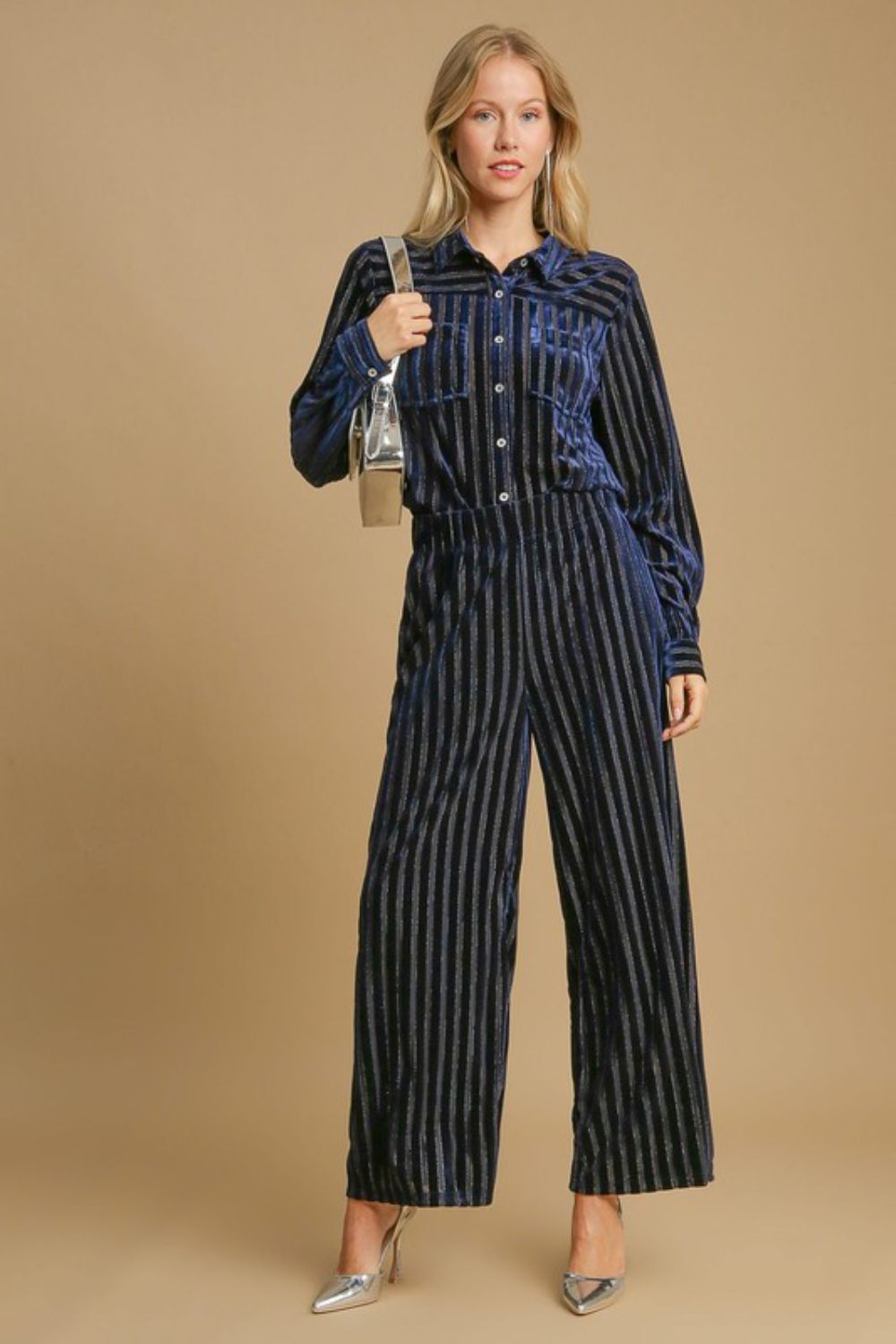 Koisoon  Full Size Elastic Waist Striped Wide Leg Velvet Pants