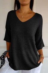 Koisoon V-Neck Three-Quarter Sleeve Knit Top