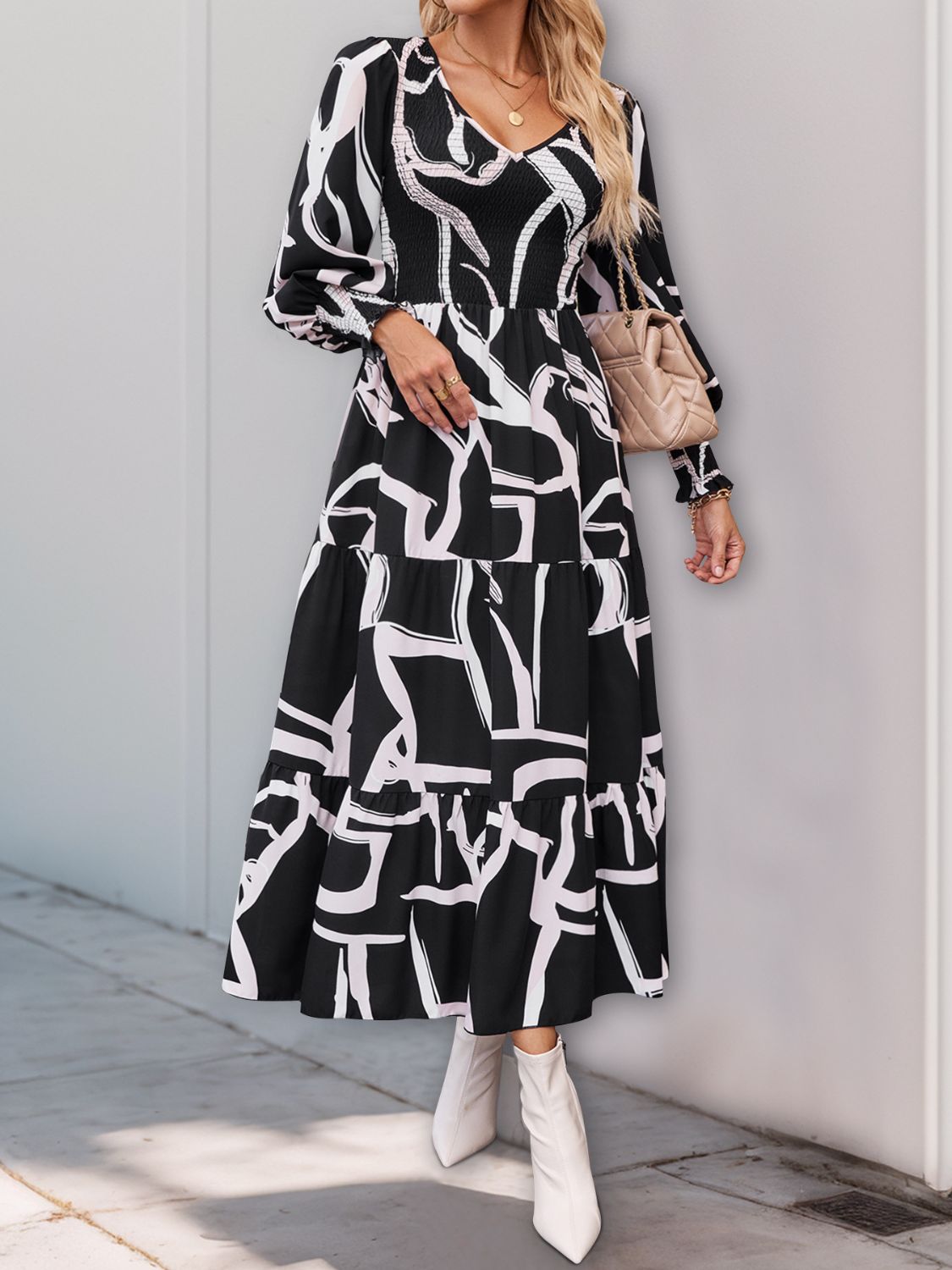 Koisoon  Smocked Printed Long Sleeve Midi Dress