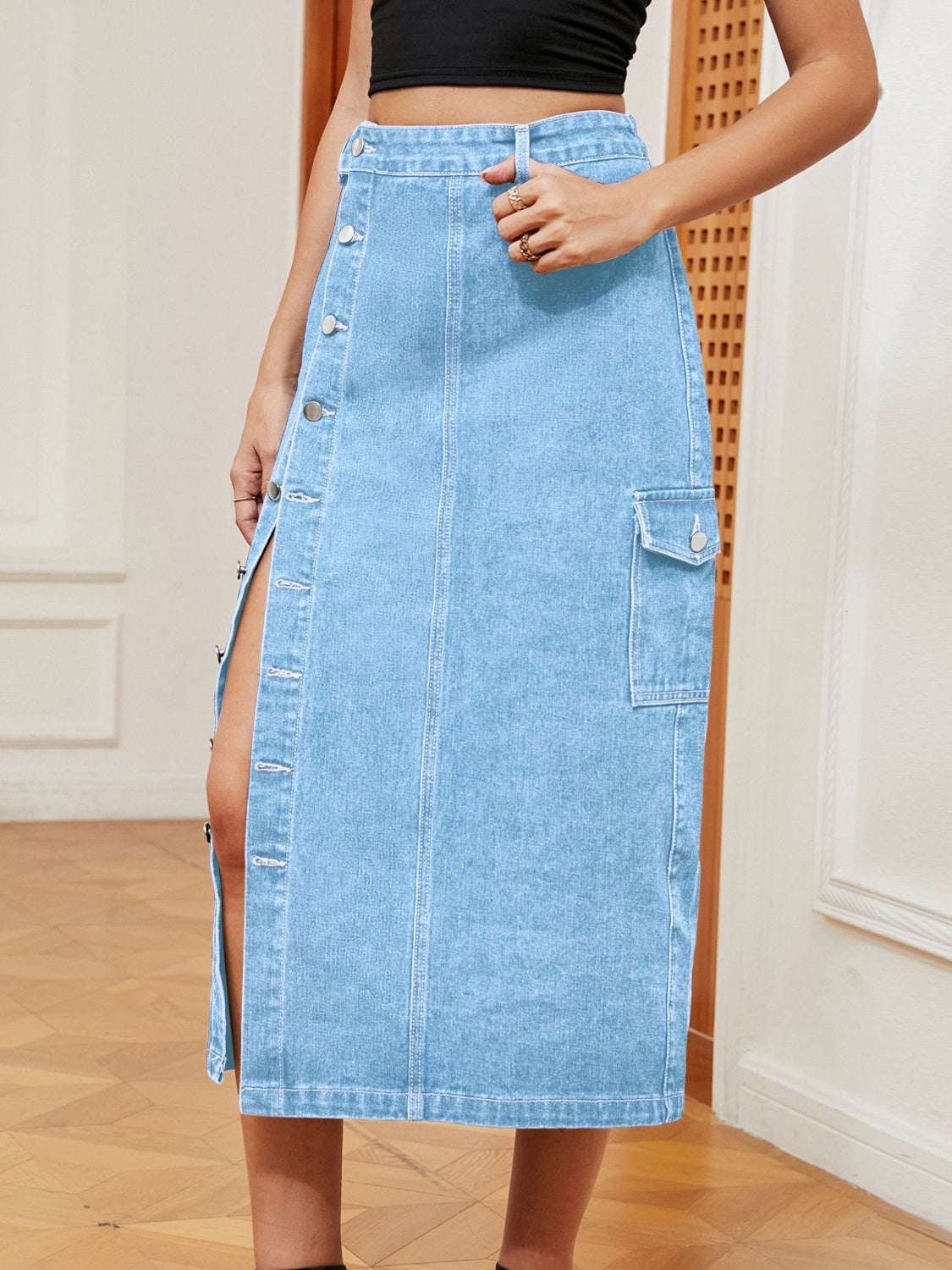 Koisoon Button Down Midi Denim Skirt