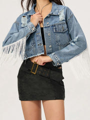 Koisoon Distressed Fringe Collared Neck Cropped Denim Top