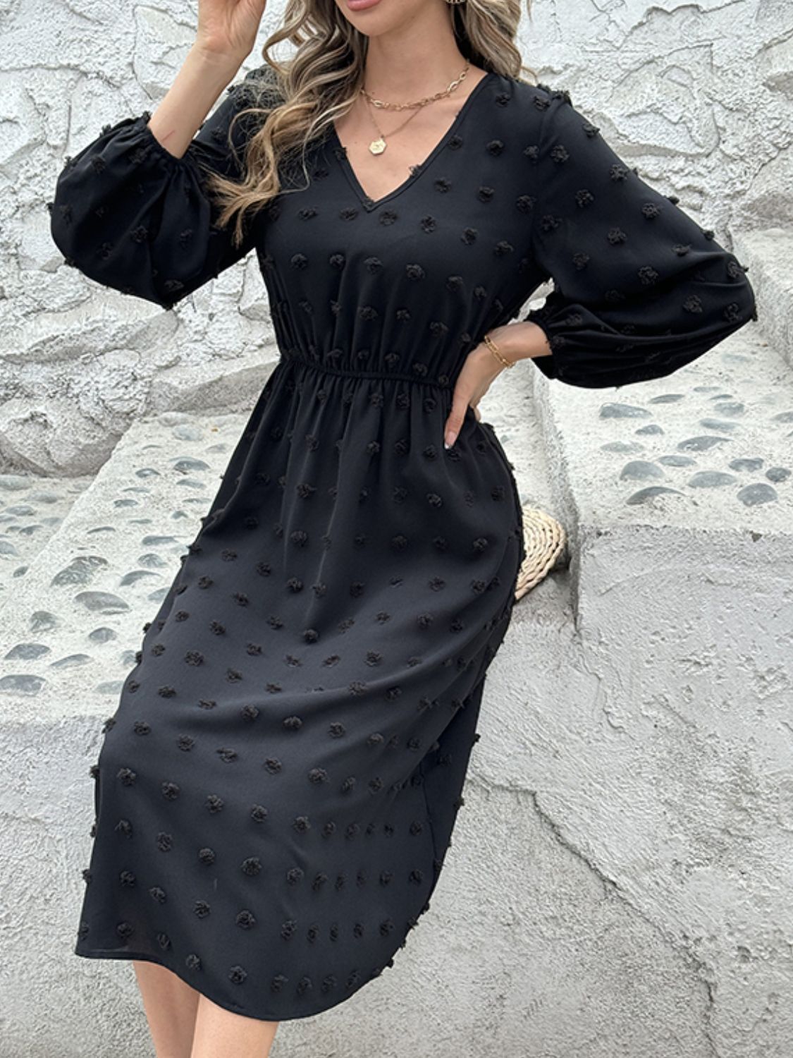 Koisoon Full Size Swiss Dot V-Neck Long Sleeve Midi Dress