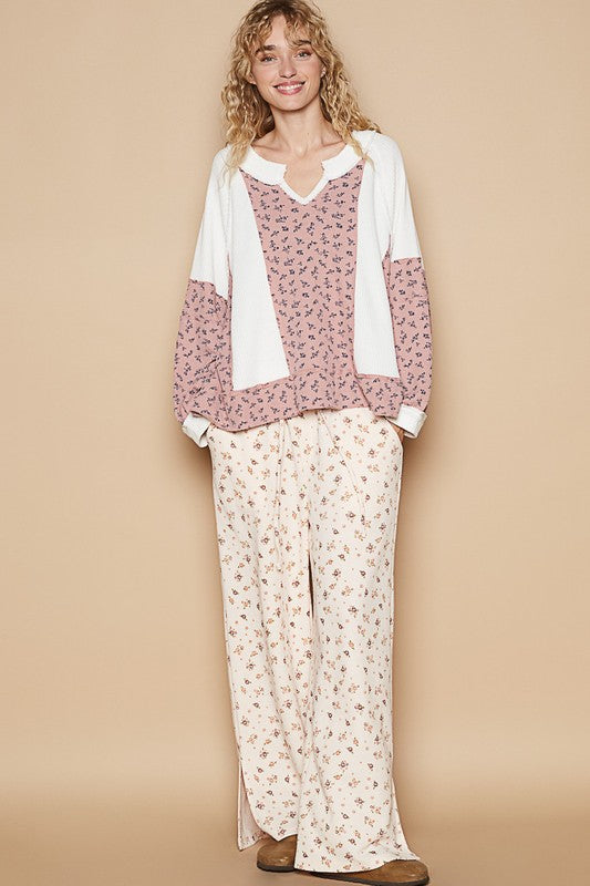 Koisoon Waffle Knit Floral Notched Long Sleeve Top