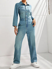 Koisoon Half Button Long Sleeve Straight Leg Denim Jumpsuit