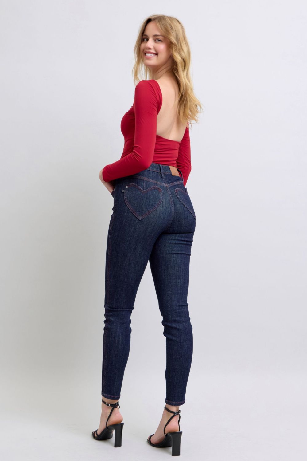 Koisoon Blue Full Size Heart Shaped Back Pockets Skinny Jeans