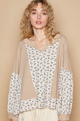 Koisoon Waffle Knit Floral Notched Long Sleeve Top