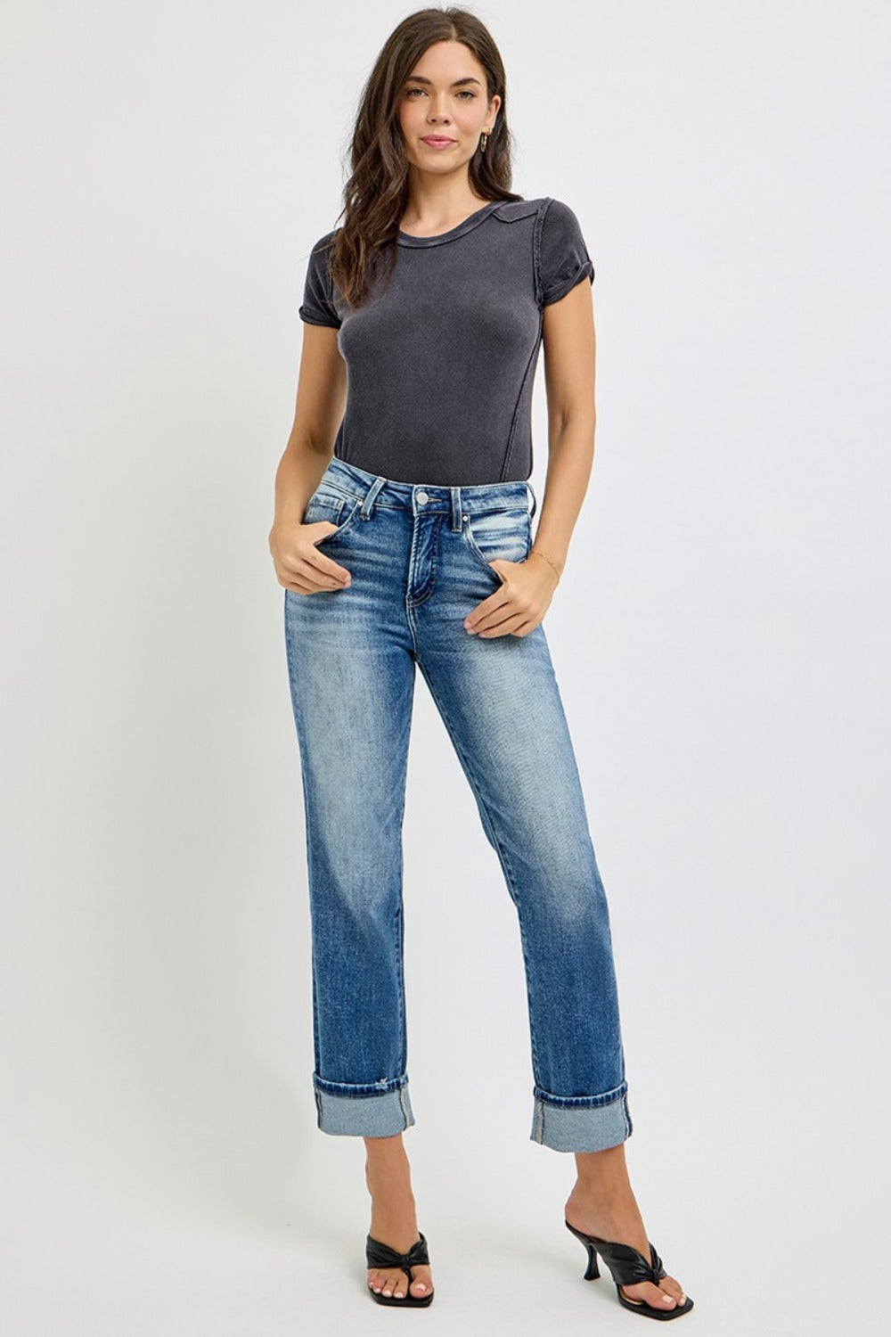 Koisoon Full Size High Rise Crop Straight Roll Up Jeans