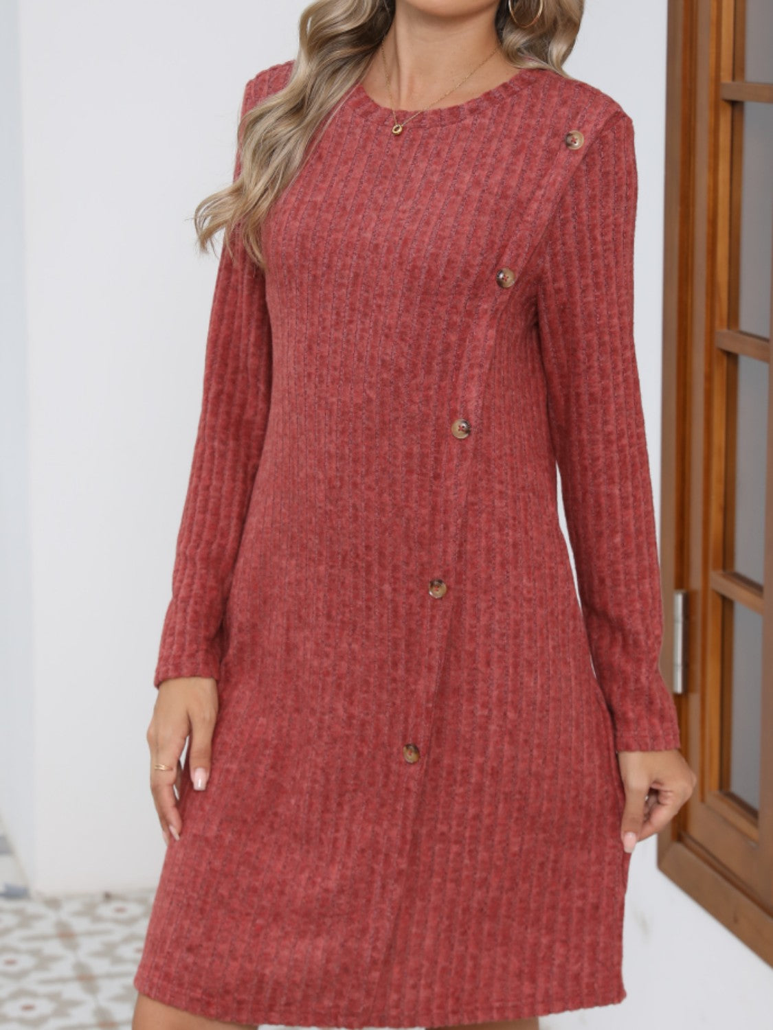 Koisoon Decorative Button Round Neck Long Sleeve Dress