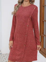 Koisoon Decorative Button Round Neck Long Sleeve Dress