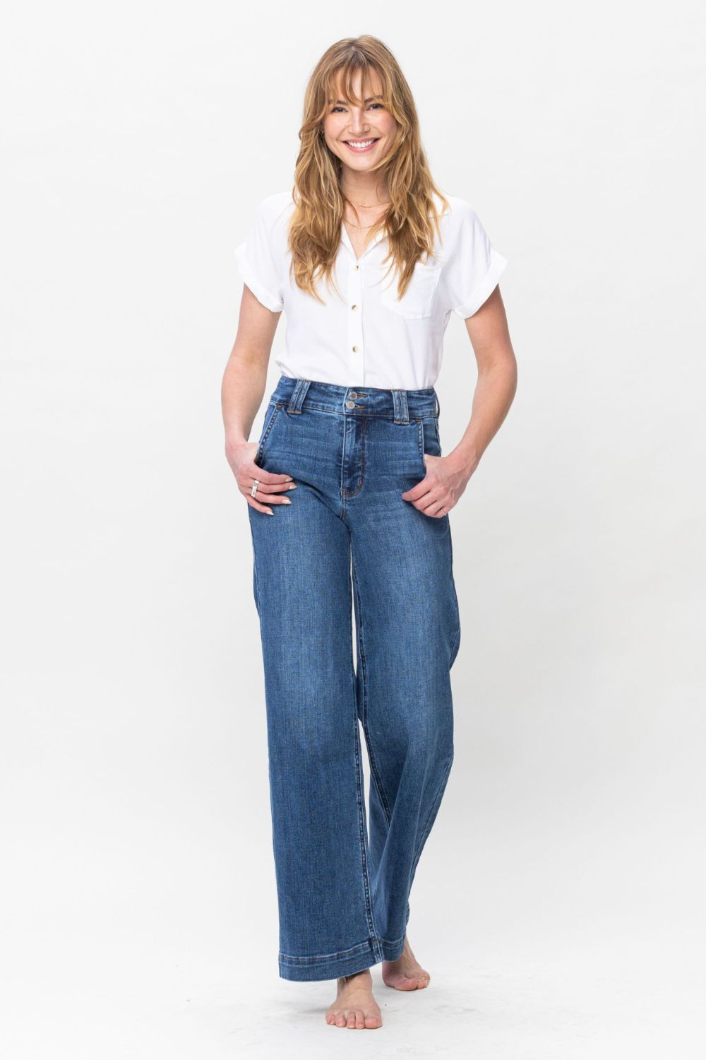 Koisoon Blue Full Size Double Button Wide Leg Jeans