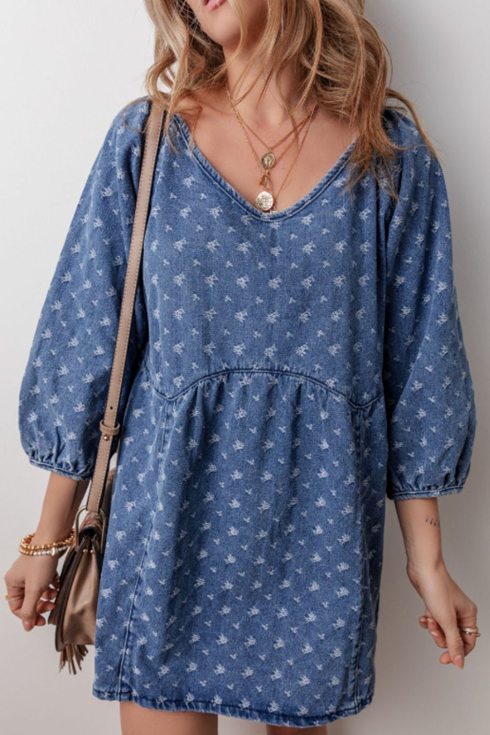 Koisoon V-Neck Three-Quarter Sleeve Denim Dress