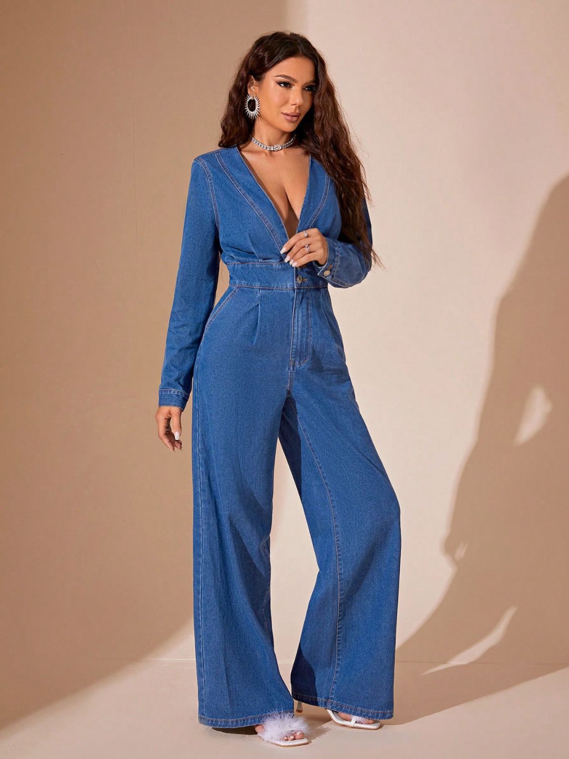 Koisoon  Long Sleeve Wide Leg Denim Jumpsuit