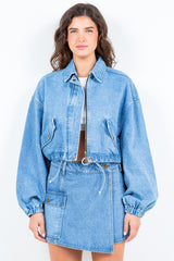 Koisoon American Bazi Drawstring Waist Crop Denim Jacket