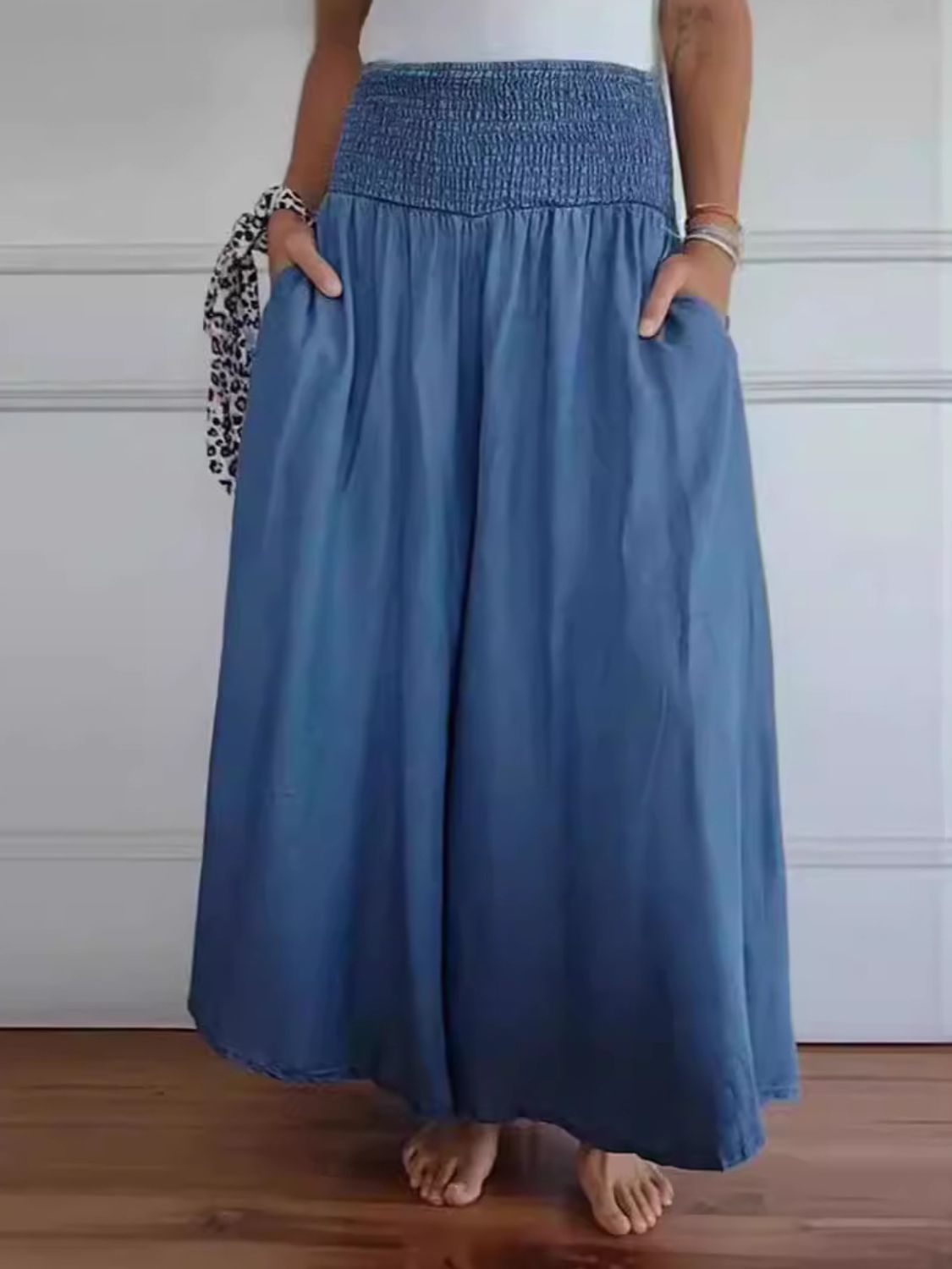 Koisoon Full Size Smocked Wide Leg Pants with Pockets