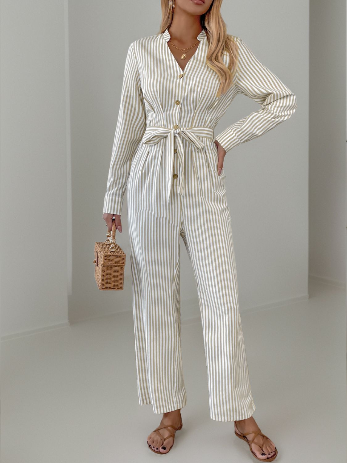 Koisoon Striped Notched Long Sleeve Tie Waist Jumpsuit