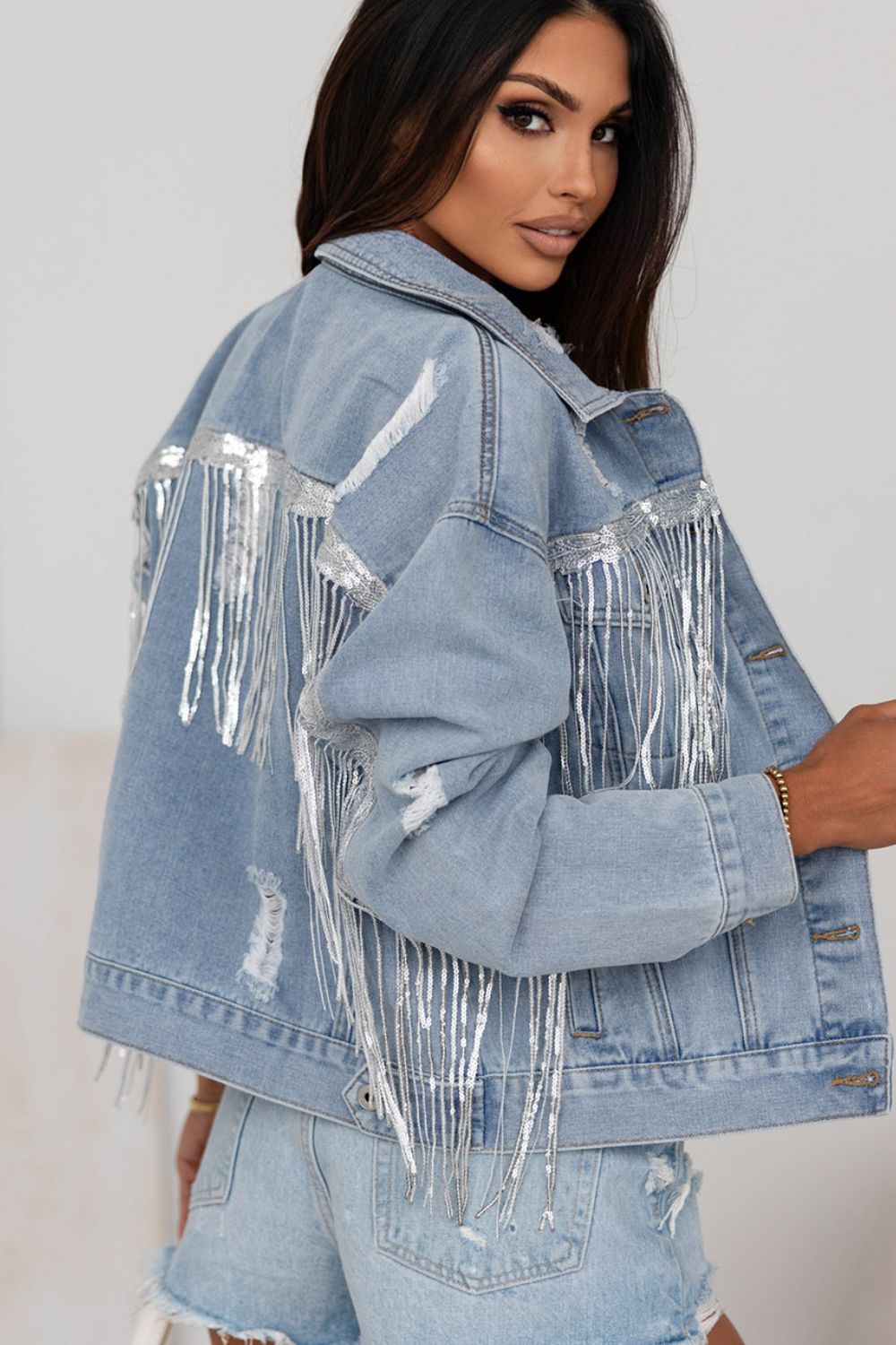 Koisoon Sequin Fringe Trim Distressed Button Up Denim Jacket