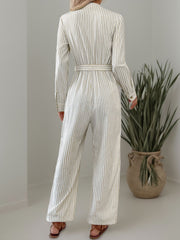 Koisoon Striped Notched Long Sleeve Tie Waist Jumpsuit