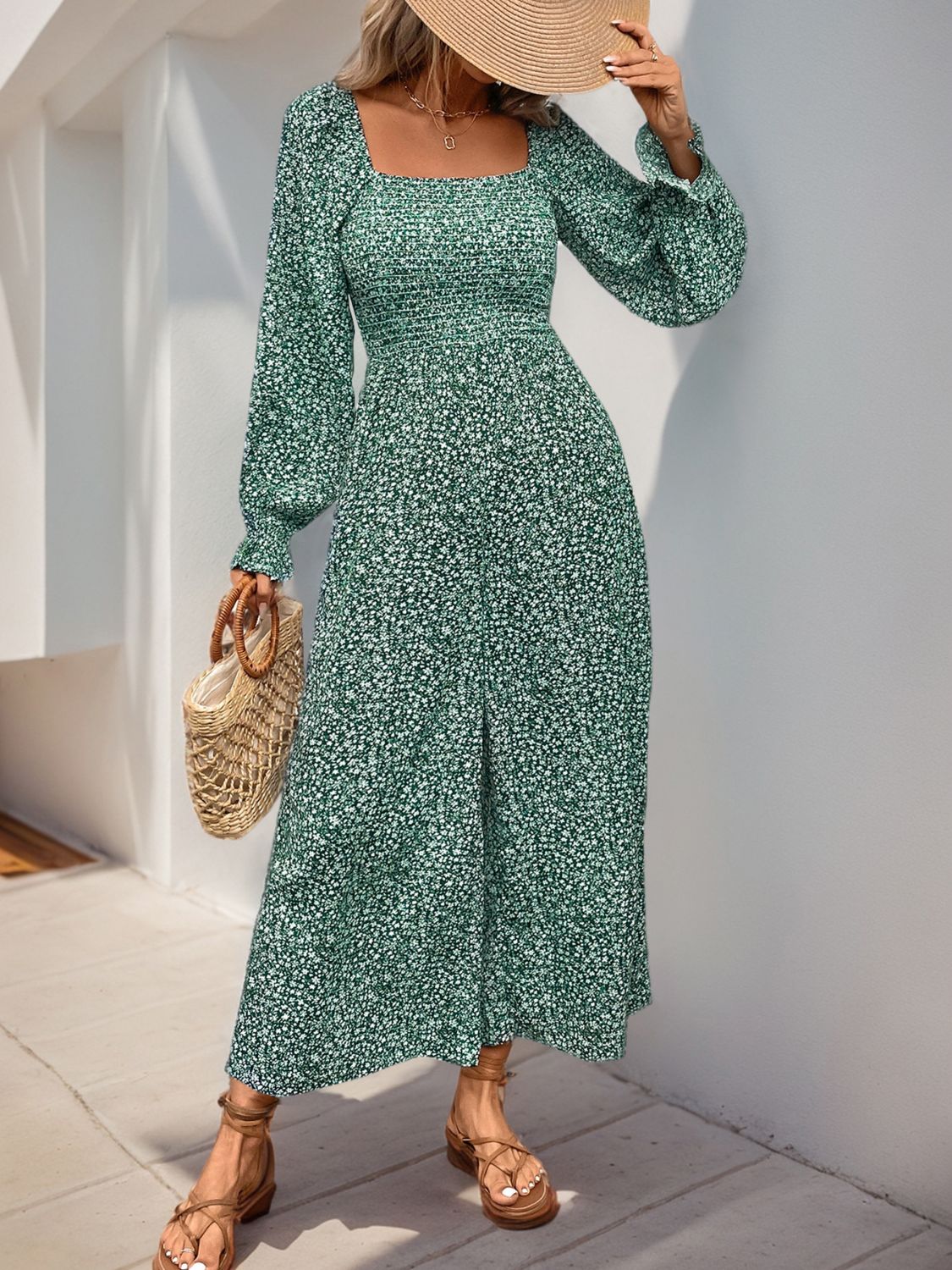 Koisoon Smocked Printed Long Sleeve Wide Leg Jumpsuit