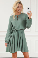 Koisoon Round Neck Long Sleeve Tie Waist Dress