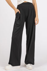 Koisoon Stretch Banded Waist Wide Leg Pants with Pockets